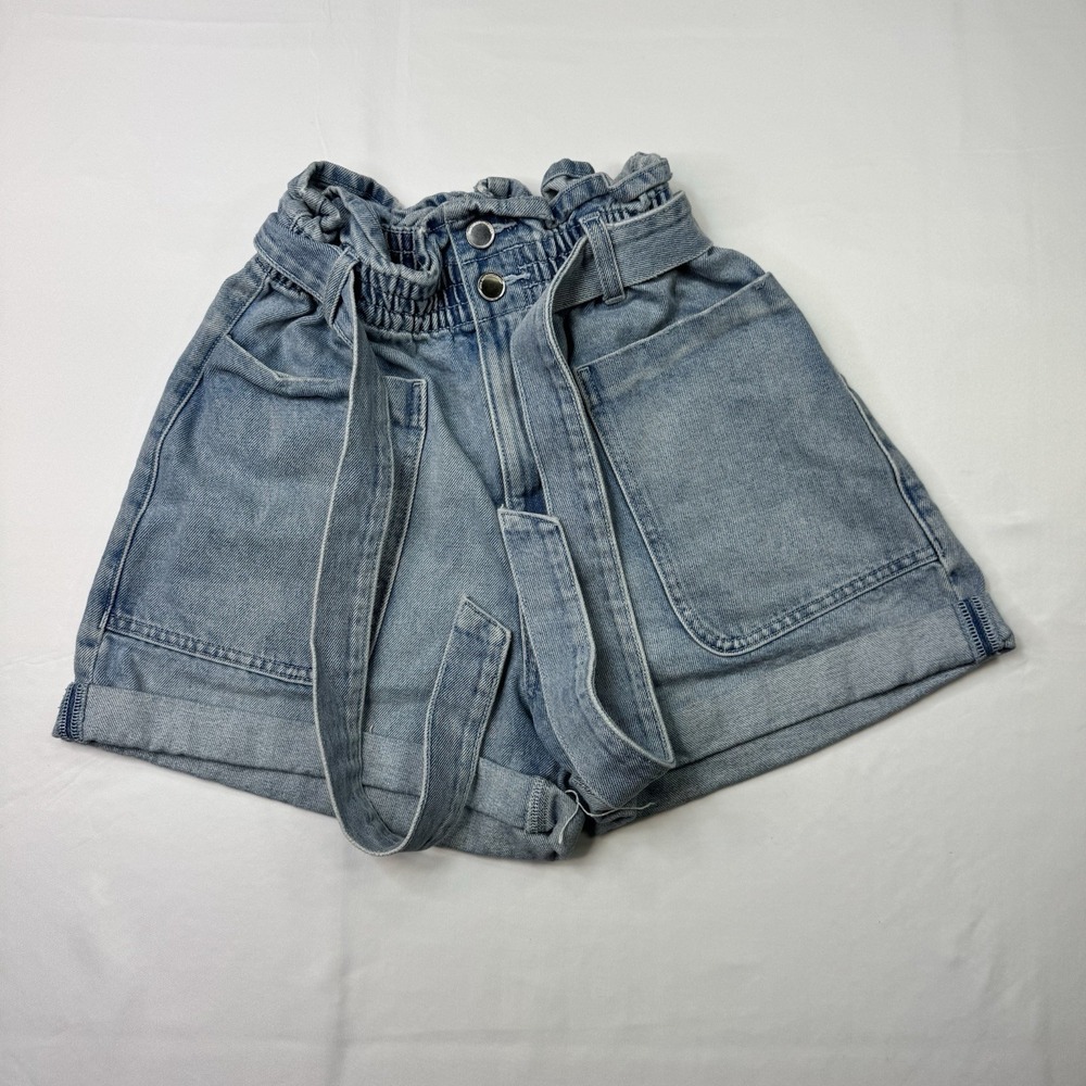 Zara Paper Bag Waist Shorts Women's Size 4 Jean Rise Denim Relaxad Blue